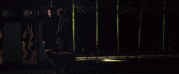 Movie still from “Jack Ryan: Shadow Recruit” (2014), directed by Kenneth Branagh – A man walking a dog at night in the dark; Wide shot, Low angle