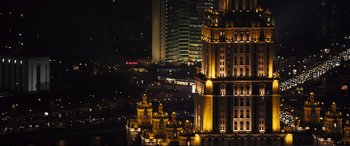 Movie still from “Jack Ryan: Shadow Recruit” (2014), directed by Kenneth Branagh – A view of a city at night from a high vantage point; Extreme Wide shot, Low angle