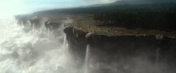 Movie still from “Jack the Giant Slayer” (2013), directed by Bryan Singer – A view of a waterfall from a distance; Extreme Wide shot, High angle