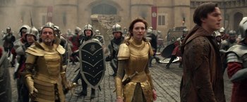 Movie still from “Jack the Giant Slayer” (2013), directed by Bryan Singer – A group of people dressed in medieval armor; Medium shot, Over the shoulder angle