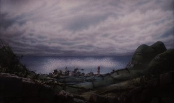 Movie still from “James and the Giant Peach” (1996), directed by Henry Selick – A view of a body of water with a cloudy sky in the background; Extreme Wide shot, High angle