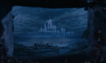 Movie still from “James and the Giant Peach” (1996), directed by Henry Selick – A painting of an island in the middle of the ocean; Extreme Wide shot, High angle