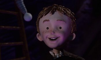 Movie still from “James and the Giant Peach” (1996), directed by Henry Selick – The head of a cartoon character; Medium shot, Low angle