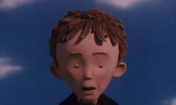 Movie still from “James and the Giant Peach” (1996), directed by Henry Selick – The head of a cartoon character; Close Up shot, Low angle