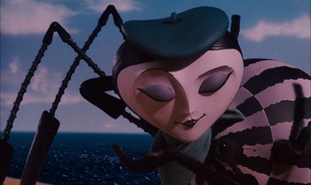 Movie still from “James and the Giant Peach” (1996), directed by Henry Selick – The head of an animated character; Close Up shot, Low angle