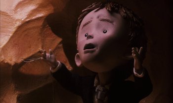 Movie still from “James and the Giant Peach” (1996), directed by Henry Selick – The head of a cartoon character; Close Up shot, Low angle