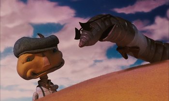 Movie still from “James and the Giant Peach” (1996), directed by Henry Selick – A cartoon of a snail being chased by an animal; Close Up shot, Low angle