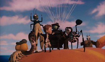Movie still from “James and the Giant Peach” (1996), directed by Henry Selick – A bunch of bugs that are standing in the dirt; Wide shot, Low angle