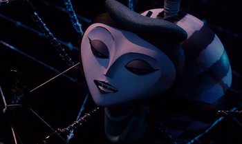 Movie still from “James and the Giant Peach” (1996), directed by Henry Selick – A mask of a woman with a hat on it's head; Close Up shot, Low angle