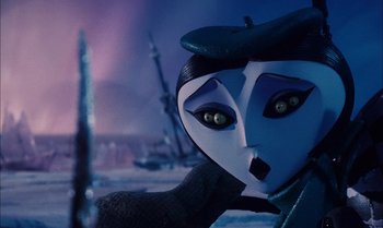 Movie still from “James and the Giant Peach” (1996), directed by Henry Selick – A person's face with a hat on; Close Up shot, Low angle