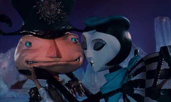 Movie still from “James and the Giant Peach” (1996), directed by Henry Selick – A person wearing a mask and a hat; Close Up shot, Low angle