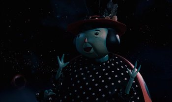 Movie still from “James and the Giant Peach” (1996), directed by Henry Selick – An image of a woman in a polka dot outfit; Close Up shot, High angle