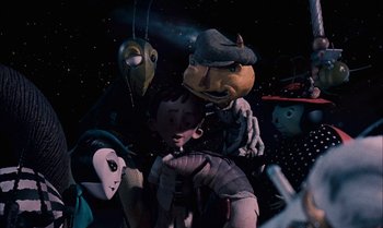 Movie still from “James and the Giant Peach” (1996), directed by Henry Selick – A group of people that are standing up; Medium shot, High angle