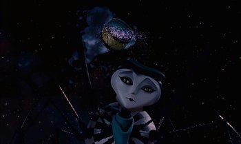 Movie still from “James and the Giant Peach” (1996), directed by Henry Selick – An animated character in a space suit and a planet in the background; Medium shot, High angle