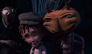 Movie still from “James and the Giant Peach” (1996), directed by Henry Selick – The head of a character from the animated film , the little rascals; Medium shot, High angle