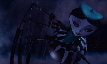 Movie still from “James and the Giant Peach” (1996), directed by Henry Selick – A giant spider with a hat on it's head; Medium shot, Low angle