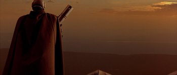 Movie still from “Judge Dredd” (1995), directed by Danny Cannon – A telescope on the side of a boat in the ocean; Medium shot, Low angle