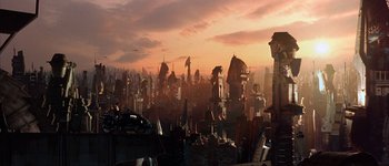 Movie still from “Judge Dredd” (1995), directed by Danny Cannon – An image of an alien city in the middle of the day; Extreme Wide shot, High angle