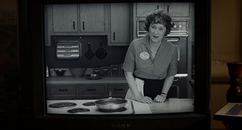 Movie still from “Julie & Julia” (2009), directed by Nora Ephron – An older woman standing in front of an oven in a kitchen; Medium shot, Over the shoulder angle