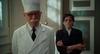 Movie still from “Julie & Julia” (2009), directed by Nora Ephron – An older man and woman standing next to each other; Close Up shot, Low angle