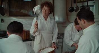 Movie still from “Julie & Julia” (2009), directed by Nora Ephron – A woman in a white lab coat holding a whisk; Medium shot, Over the shoulder angle