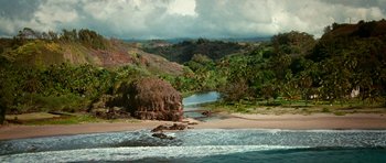 Movie still from “Jumper” (2008), directed by Doug Liman – A view of the ocean from the beach; Extreme Wide shot, High angle