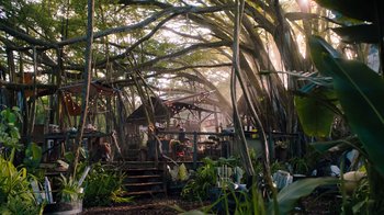 Movie still from “Jumanji: Welcome to the Jungle” (2017), directed by Jake Kasdan – A group of people standing under a canopy of trees; Extreme Wide shot, Low angle