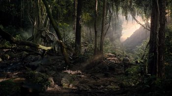 Movie still from “Jumanji: Welcome to the Jungle” (2017), directed by Jake Kasdan – A person walking through a forest with trees; Extreme Wide shot, High angle