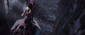 Movie still from “Jupiter Ascending” (2015), directed by Lilly Wachowski – A woman standing in front of a crowd of people; Wide shot, Overhead angle