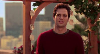 Movie still from “Just Like Heaven” (2005), directed by Mark Waters – A man standing in front of a wooden structure; Medium shot, Over the shoulder angle
