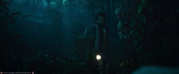 Movie still from “Kantara” (2022), directed by Rishab Shetty – A man standing in the dark with a flashlight; Wide shot, Low angle