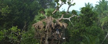 Movie still from “Kantara” (2022), directed by Rishab Shetty – A man standing on a platform in the middle of a jungle; Extreme Wide shot, High angle