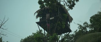Movie still from “Kantara” (2022), directed by Rishab Shetty – A man standing on top of a tree with a ladder; Extreme Wide shot, Low angle