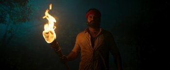 Movie still from “Kantara” (2022), directed by Rishab Shetty – A bearded man holding a burning stick in the dark; Medium shot, Low angle
