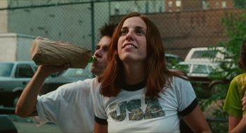 Movie still from “Kids” (1995), directed by Larry Clark – A woman in a white shirt and a man in a white shirt; Medium shot, Low angle