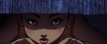 Movie still from “Kill Bill: Vol. 1” (2003), directed by Quentin Tarantino – A woman's face with a blue hat on her head; Extreme Close Up shot, Overhead angle