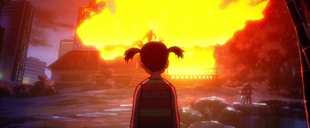 Movie still from “Kill Bill: Vol. 1” (2003), directed by Quentin Tarantino – A girl with pigtails is looking out at a fire; Extreme Wide shot, Over the shoulder angle