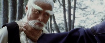 Movie still from “Kill Bill: Vol. 2” (2004), directed by Quentin Tarantino – An old man with a long white beard and mustache; Close Up shot, Low angle