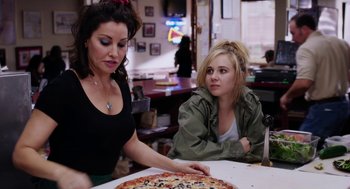 Movie still from “Killer Joe” (2011), directed by William Friedkin – Two women sitting at a table with a pizza in front of them; Medium shot, Over the shoulder angle