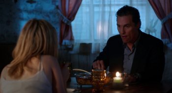 Movie still from “Killer Joe” (2011), directed by William Friedkin – A man and a woman sitting at a dinner table; Medium shot, Over the shoulder angle