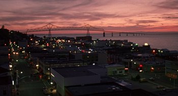 Movie still from “Kindergarten Cop” (1990), directed by Ivan Reitman – A view of a city at night with a bridge in the background; Extreme Wide shot, High angle
