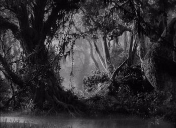 Movie still from “King Kong” (1933), directed by Merian C. Cooper – A black - and - white photo of trees and a river; Extreme Wide shot, Low angle
