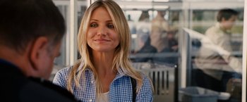 Movie still from “Knight and Day” (2010), directed by James Mangold – A woman with long blonde hair wearing a blue shirt; Close Up shot, Over the shoulder angle