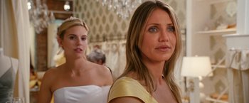Movie still from “Knight and Day” (2010), directed by James Mangold – Two beautiful women standing next to each other in a room; Close Up shot, Over the shoulder angle