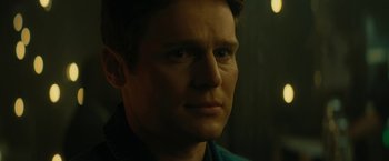 Movie still from “Knock at the Cabin” (2023), directed by M. Night Shyamalan – A person looking at the camera; Close Up shot, Over the shoulder angle