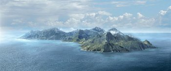 Movie still from “Kon-Tiki” (2012), directed by Espen Sandberg – An aerial view of a body of water with mountains in the background; Extreme Wide shot, High angle