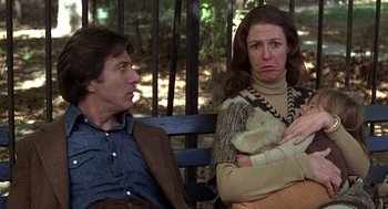 Movie still from “Kramer vs. Kramer” (1979), directed by Robert Benton – A man and a woman sitting next to each other on a park bench; Medium shot, Over the shoulder angle
