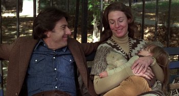 Movie still from “Kramer vs. Kramer” (1979), directed by Robert Benton – A man and a woman sitting next to each other on a bench; Medium shot, Low angle