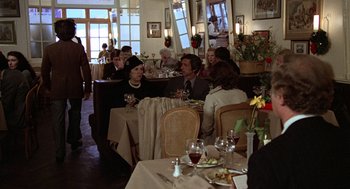 Movie still from “Kramer vs. Kramer” (1979), directed by Robert Benton – A group of people sitting at a table in a restaurant; Wide shot, Over the shoulder angle