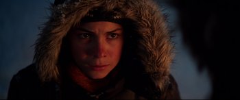 Movie still from “Krampus” (2015), directed by Michael Dougherty – A person wearing a jacket; Close Up shot, Low angle
